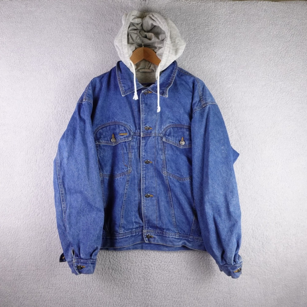 Vintage Todays News Mens XL Blue Denim Hooded Trucker‎ Jacket Layered Look Style